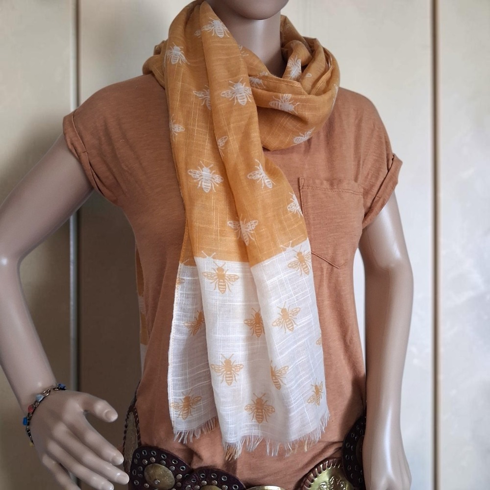 Honeybee Print Scarf Mustard Yellow Cream Fringed Lightweight Gauze Wrap Shawl